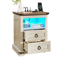 Okcora Farmhouse LED Nightstand with Charging Station For Bedroom Sofa End Table