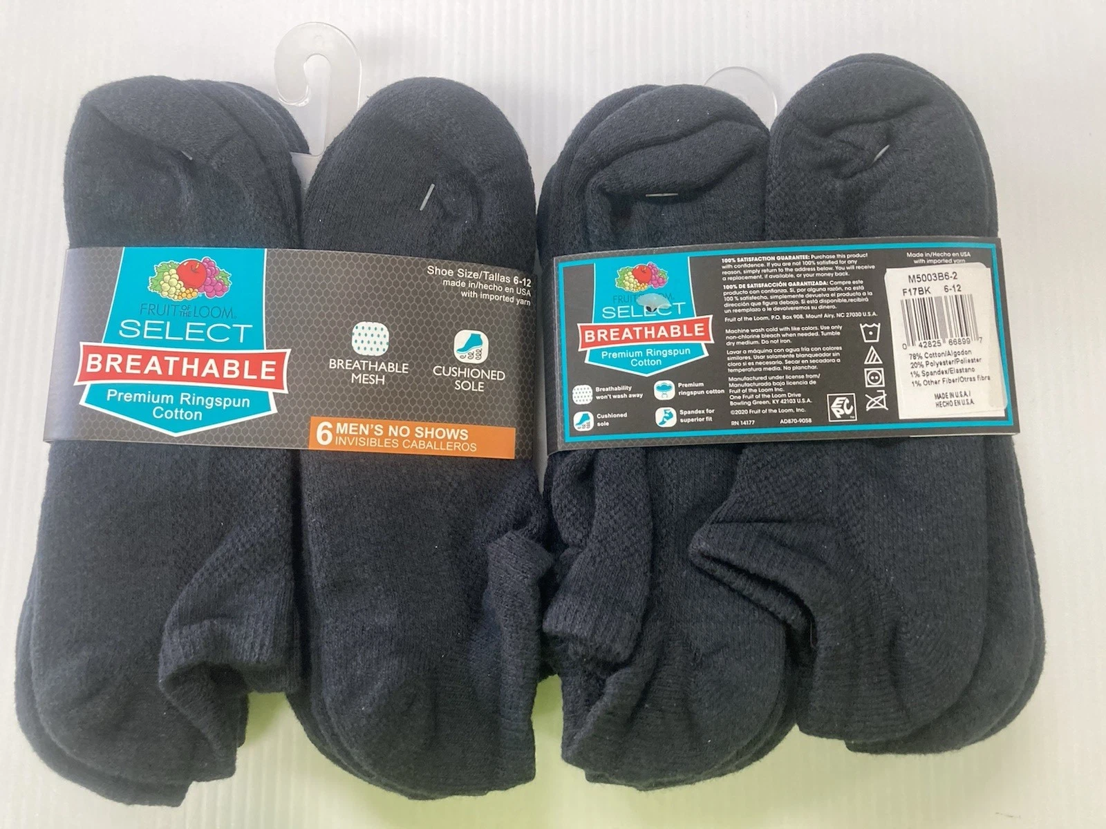 Fruit of the Loom® Men's No-Show Socks, Breathable Mesh, Black, Large, 12 pairs