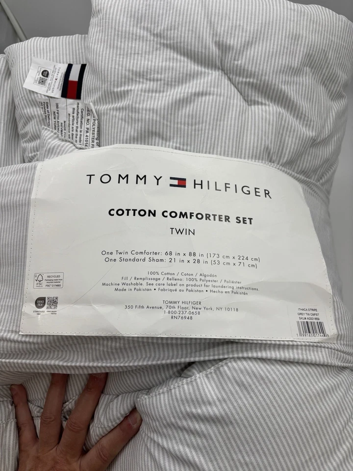 Tommy Hilfiger 双被子套装 灰色和白色条纹 全新 — 第 2/3 张图片