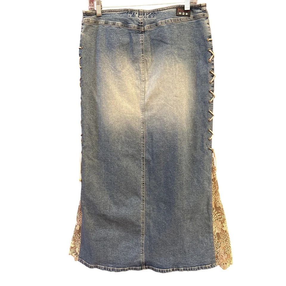 Maxi Falda Y2K Mudd Yo Denim Boho Con Cordones Laterales Paneles de Encaje Festival Talla 11 Pradera Foto 4 de 4