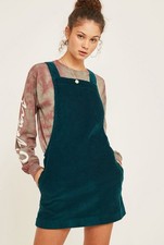 BNWT £46 Urban Outfitters Gaia Corduroy Pinafore Dress Mini Forest Green XS