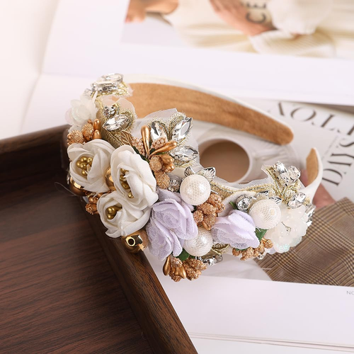 Baroque Rhinestone Floral Headband, Chunky Flower Headband, Bohemian Wedding Hai - Picture 3 of 12
