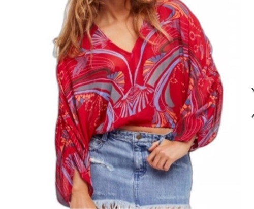 Free People Beneath the Sea Chiffon Red Multi Print Batwing Top Blouse Size Med - Picture 4 of 6