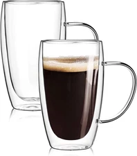 2-Pack 15 Oz Double Walled Glass Coffee Mugs with Handle,Large Insulated Layer C