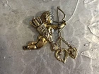 Vintage Cherub Gold Tone Brooch Pin Dangle Hearts with Gemstones Costume Jewelry