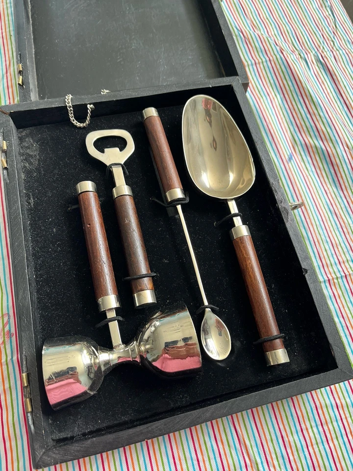 Juego de manillar de madera de acero inoxidable MCM vajilla de colección 4 utensilios caja mixología Foto 2 de 4