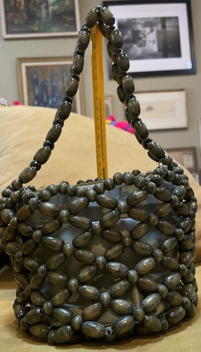 Vintage Walborg Green Wood Beaded Purse Made In Japan MCM 60s Boho *Needs Work - Picture 3 of 12