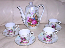 Miniature Victorian Couple Tea Set Teapot Cups Saucers Gold Trim Pigeon Key