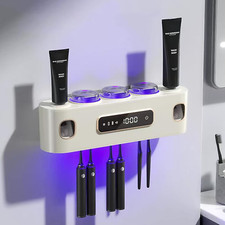 Wall-Mounted Toothbrush Holder with Toothpaste Dispenser and 3 Cups - Beige