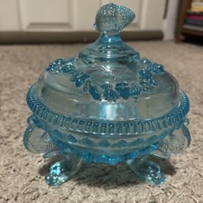Vintage Westmoreland Clear Blue/Green Teal Glass Bowl Lid Candy Dish Antique 