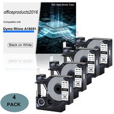 4PK 18051 S0718260 Heat Shrink Tube Label Tape for DYMO Rhino Black on White 6MM