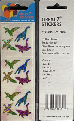 12 packages of Prismatic Dinosaur Stickers, ''Great 7'' Sticker Designs, PPZ3902