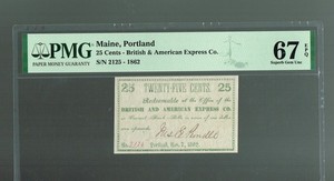 1862 BRITISH & AMERICAN EXPRESS CO. SCRIP   25 Cent   Wait  RARITY 7