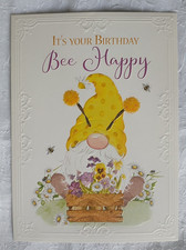 Gnome Friends Birthday Card Bee Happy Floral Pansy Yellow CUTE! Large 5 x 7