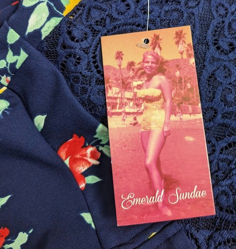 Emerald Sundae NWT Navy Blue Floral Fit & Flare Dress Lace Inset Stretch Small - Picture 8 of 8
