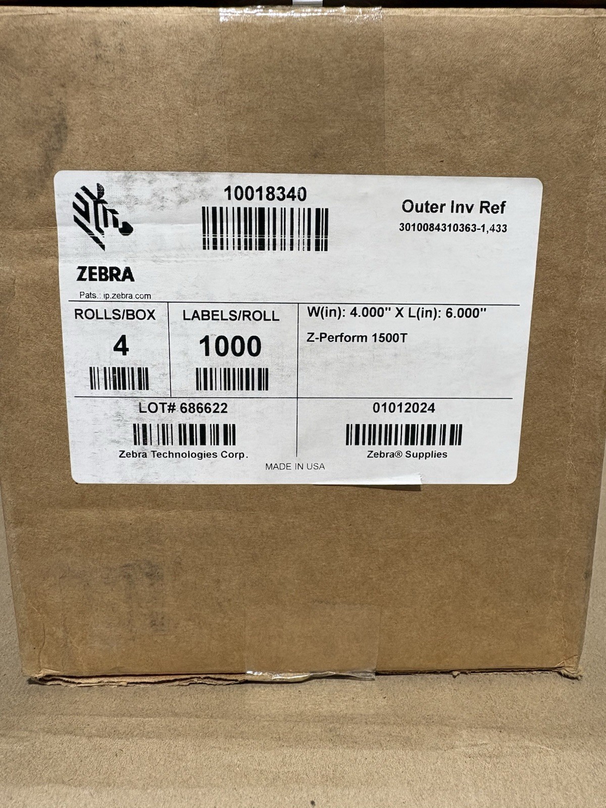 (4 ROLLS) GENUINE Zebra 10018340 Z-Perform 1500T Thermal Transfer Labels 4x6 NEW