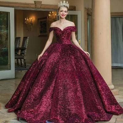 Customized Ball Gown Wine Red Quinceanera Dress Sweetheart Sequin Evening Dress