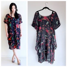 NWT See by Chloe 100% Silk Brushstroke Floral Layered Ruched Midi Dress in Navy
