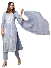 GoSriKi Women's Cotton Blend Straight Printed Kurta with Pant & Dupatta