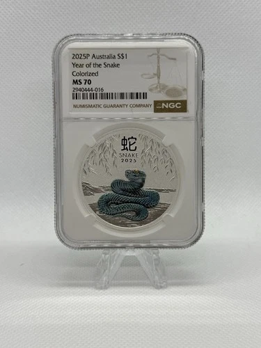 2025 Silver Australia Lunar Year Of The Snake Colorized Blue 1oz NGC MS70