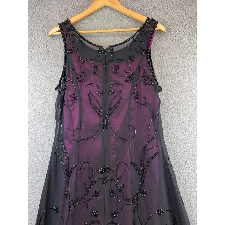 Vestido Formal Vintage Scala 100% Seda Púrpura Negro Cuentas Fiesta Cóctel XL Foto 4 de 4