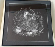DEBORAH LISZT  "WARM N COZY" WILDLIFE ORIGINAL BLACK SCRATCH BOARD DRAWING