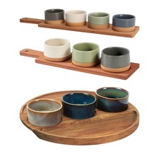 Stoneware Bowl Serving Set on Dark Bamboo Tray 3 or 4 Bowls Kitchen