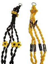 2 Vintage 70's Macrame Plant Hanger Ceramic Butterfly Daisy Beads 47  Boho Chic