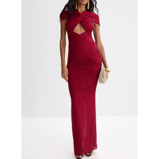 Ronny Kobo Red Ruched Maxi Dress SMALL Cutout Slinky Jersey Gown Designer $468