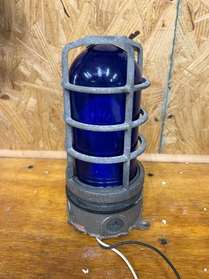 Vintage explosion proof industrial light fixture w/Blue Jelly Glass & Shield