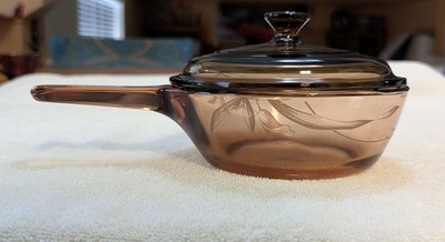  VTG Visions by Corning Ware AMBER CALLA LILY FLORAL Sauce Pan/Pot + Lid RARE 
