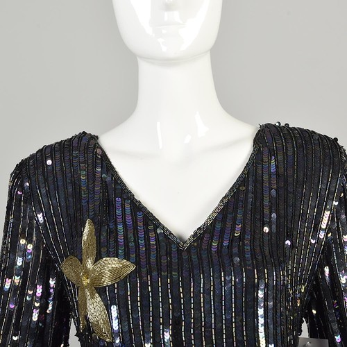 Medium 1970s Fully Sequined Long Sleeve Maxi Dress Striped Floral Sequin Gown - Picture 5 of 10