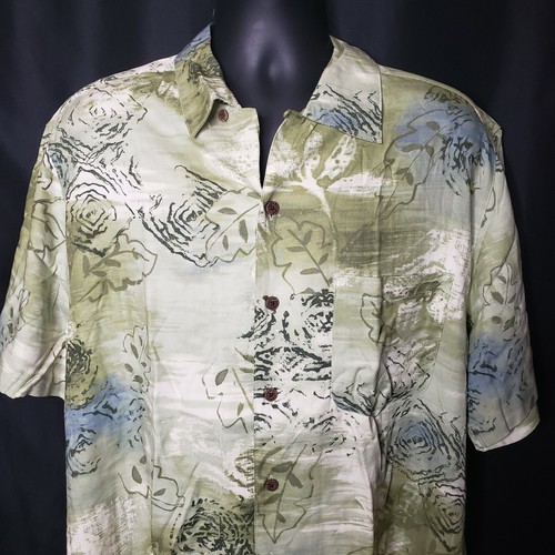 Mens Large Button Up Shirt Caribbean Joe Green Beige Hawaiian Camp Short Sleeve - Picture 2 of 8