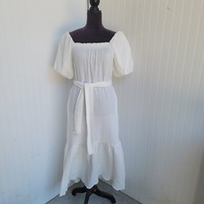 NWT Lush Womens White Puff Sleeve Casual Midi Dress Light Weight Pocket Cotton S