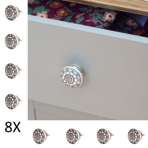 8 X Möbelknöpfe Set Griffe Schwarz Weiß Keramik Knöpfe Knäufe Knober Ornament - Bild 10 von 13