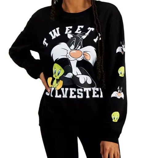 LOVE TRIBE Looney Tunes Tweety Sylvester Sweatshirt Black Juniors Medium NEW