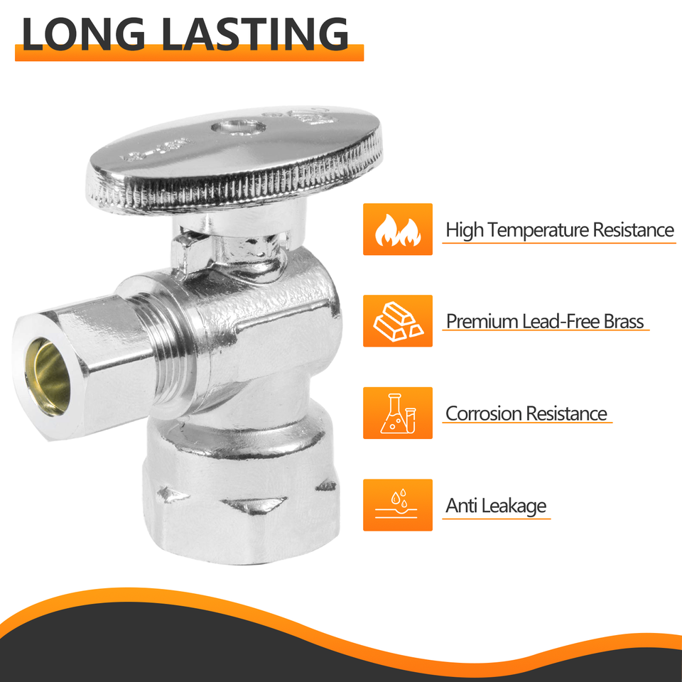 EFIELD 1/4 Turn Dual Compression Angle Stop Valve – 1/2" FIP Inlet X 3/8" X 3/8" Outlet, Chrome Plated Brass
