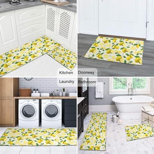 2 Piece Lemon Kitchen Decor Rugs Set, Farmhouse 17"x47"+17"x30" Light Yellow - Imagen 4 de 8