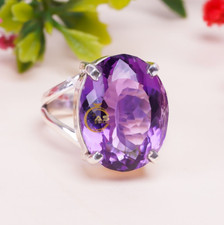 Purple Amethyst Cut Stone Ring 925 Sterling Silver Boho Rings Gift Jewelry