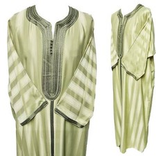 Men's Moroccan 3-Quarter Sleeve Green Striped Patterned Jubba Thobe