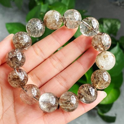 15.9mm Natural Black Gold Rutilated Super 7 Quartz Crystal Beads Bracelet C997