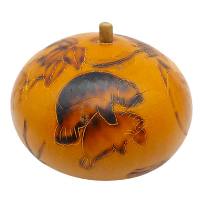 Hand Carved Peruvian Folk Art Hollow Gourd Box - 5'' Brown Manatee Sea Life Ocean