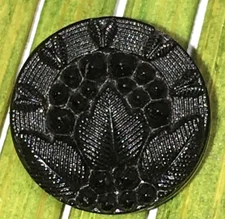 Antique Jet Black Glass Button Art Deco Lacy Leaf Relief Tunnel Shank 1/2"