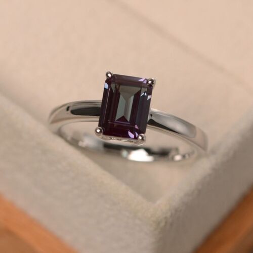 Solid 925 Sterling Silver Alexandrite Ring Emerald Cut Gemstone June Birthstone. - Picture 1 of 4