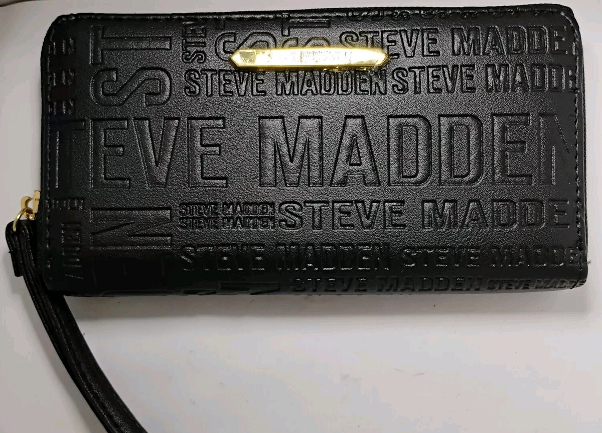 Steve Madden Wristlet Wallet Black Embossed Logo Gold Zipper