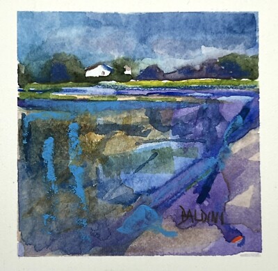 J R Baldini Miniature Watercolor Painting 3x3  Plein Air Impressionist Scene
