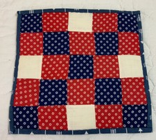 Vintage Patchwork Quilt Table Topper, 25 Patch, Navy  Red Polka Dots, Cotton