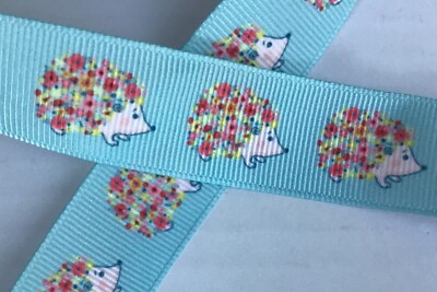 Possum hedgehog Grosgrain ribbon BTY 7/8''  light blue with flowers
