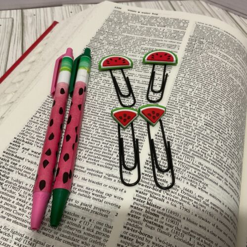 Summertime Favorite Watermelon bookmarks,paperclips 2 Decorated Pens - Picture 1 of 1