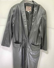 Vintage Leather Black Trench Coat Double Button Size Large - Smoke Free Home